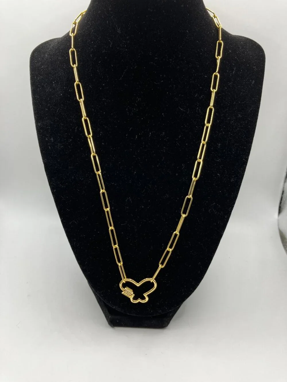 Butterfly Cubic Zirconia Pendant on 18 inch Brass Paper Clip chain Brand New